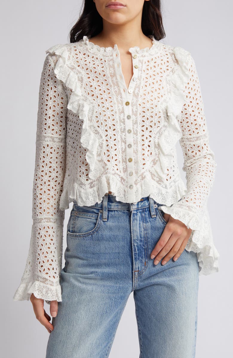 LoveShackFancy Brightline Eyelet Lace Ruffle Top, Main, color, 