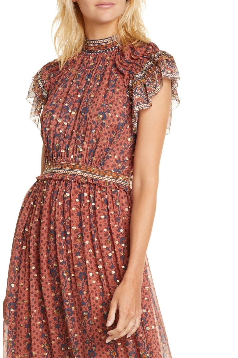 Alastair Jacquard Dot Silk Blend Midi Dress, Alternate, color, BRICK