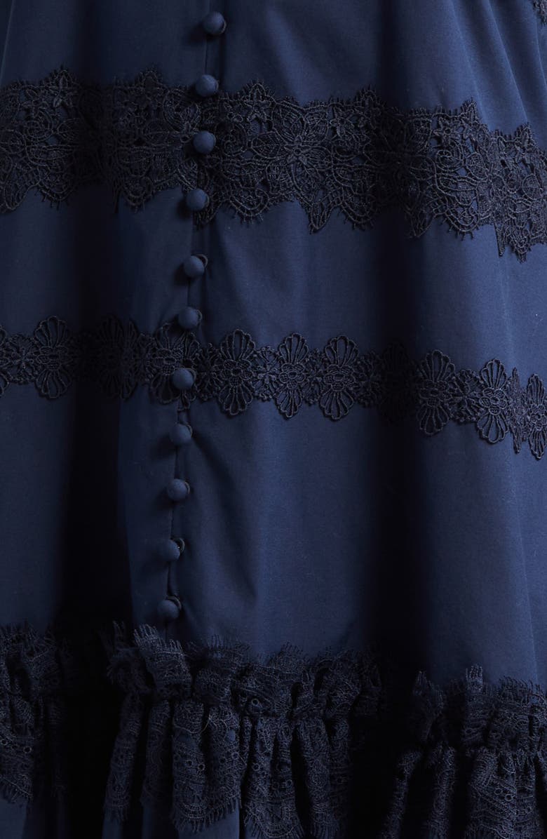 Cinq à Sept Malena Lace Detail Stretch Cotton Trapeze Minidress, Alternate, color, Navy