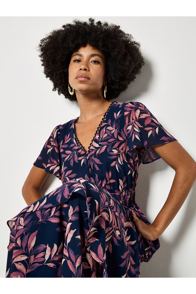 Tiered Leaf Print Dress, Alternate, color, Navy