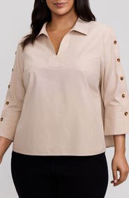 Foxcroft Lainey Button Accent Cotton Popover Top