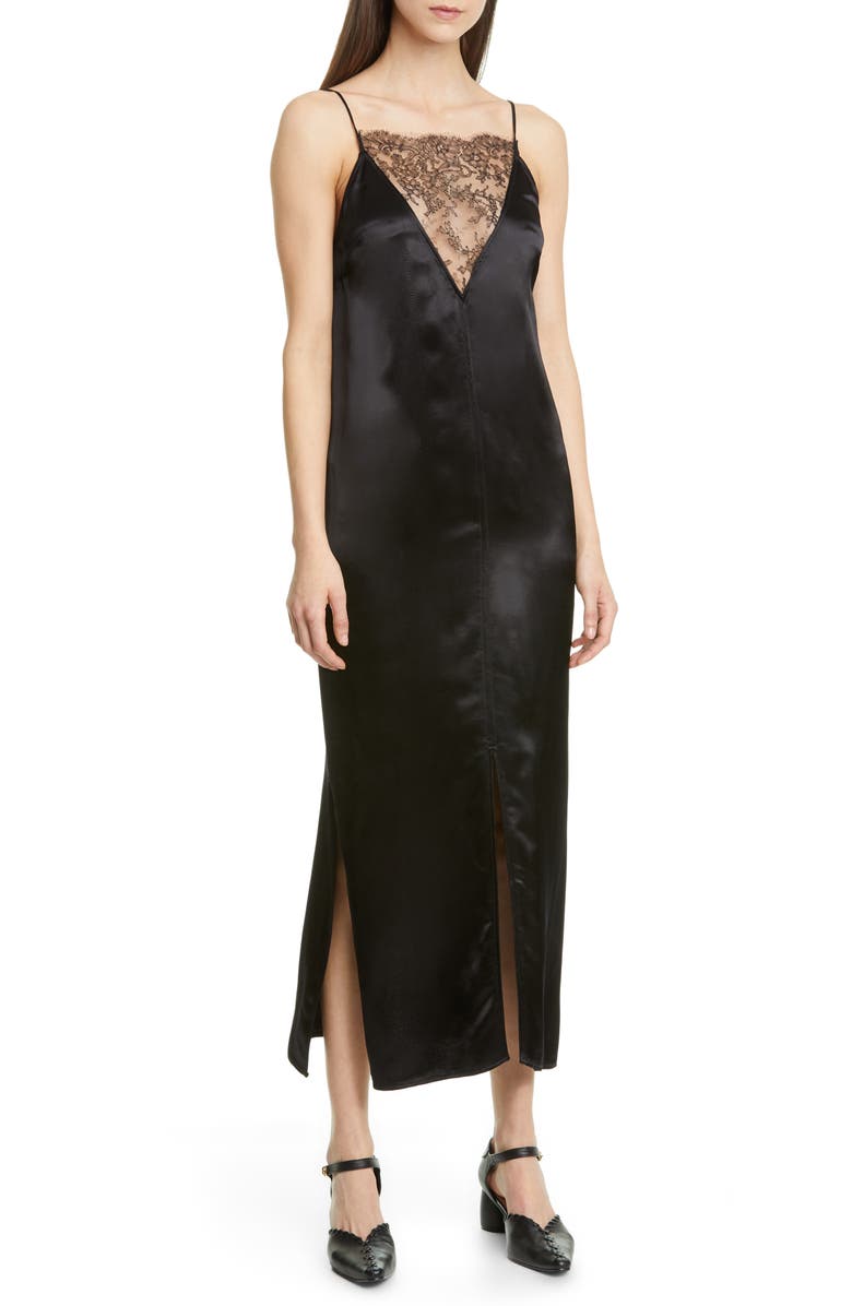 Khaite Lace Inset Satin Midi Slipdress, Main, color, 