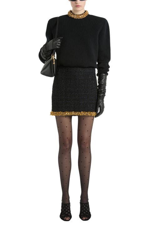 Short Tweed Skirt with Embroidered Trim