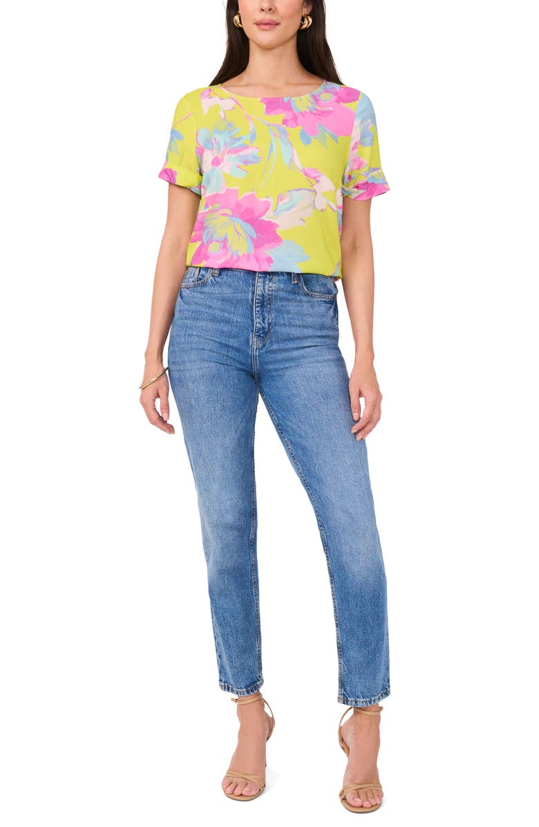 Vince Camuto Floral Print Rolled Cuff Top, Alternate, color, 