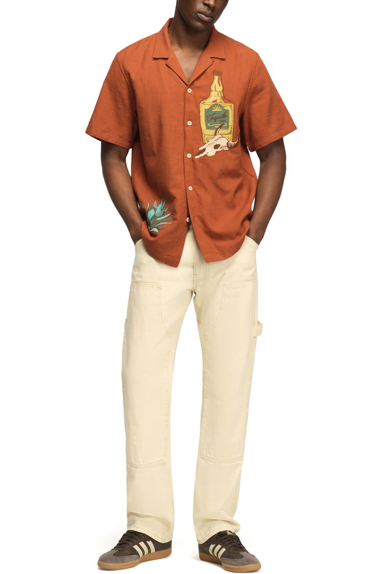 Tequila & Cow Skull Embroidered Slub Cotton Camp Shirt, Alternate, color, GINGER BREAD