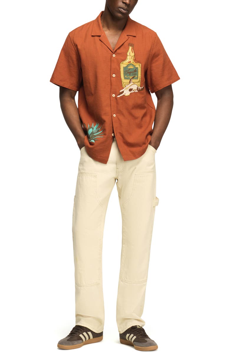 Lucky Brand Tequila & Cow Skull Embroidered Slub Cotton Camp Shirt, Alternate, color, Ginger Bread