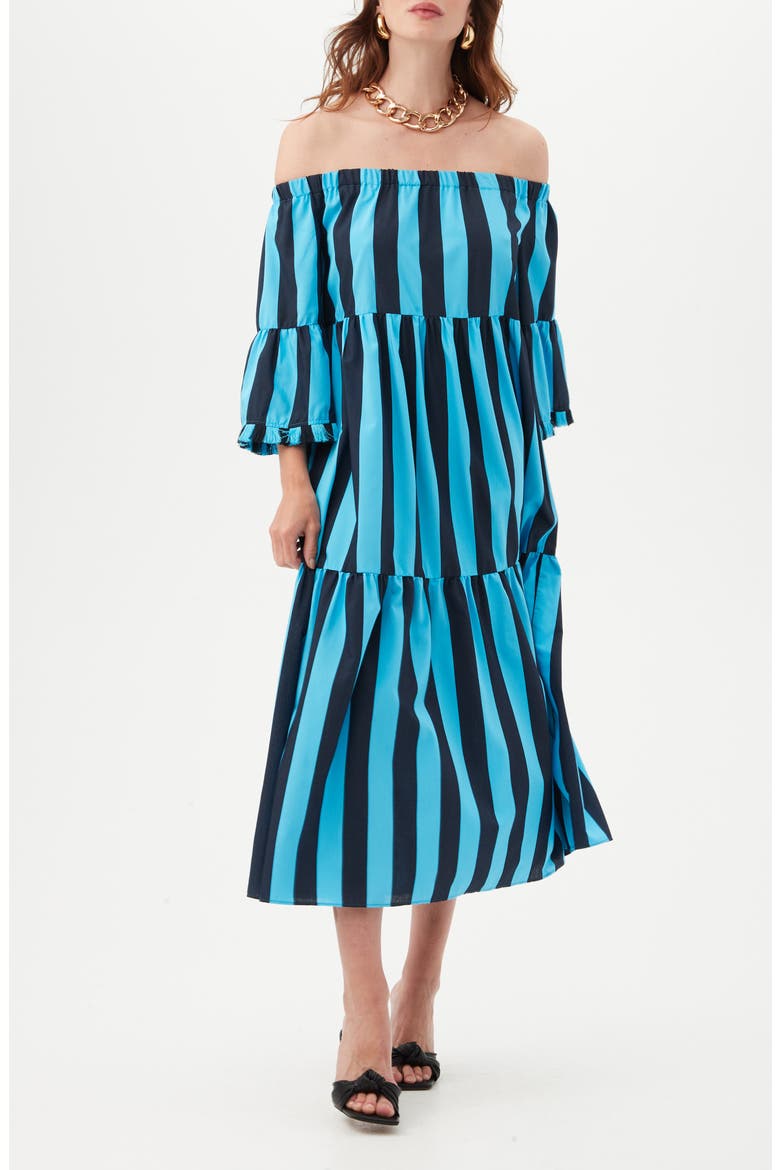 Latitude Off the Shoulder Midi Dress, Main, color, BELOW DECK BLUE/ INDIGO