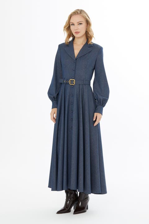 Long-Sleeve Collared Button Belted Maxi Dress