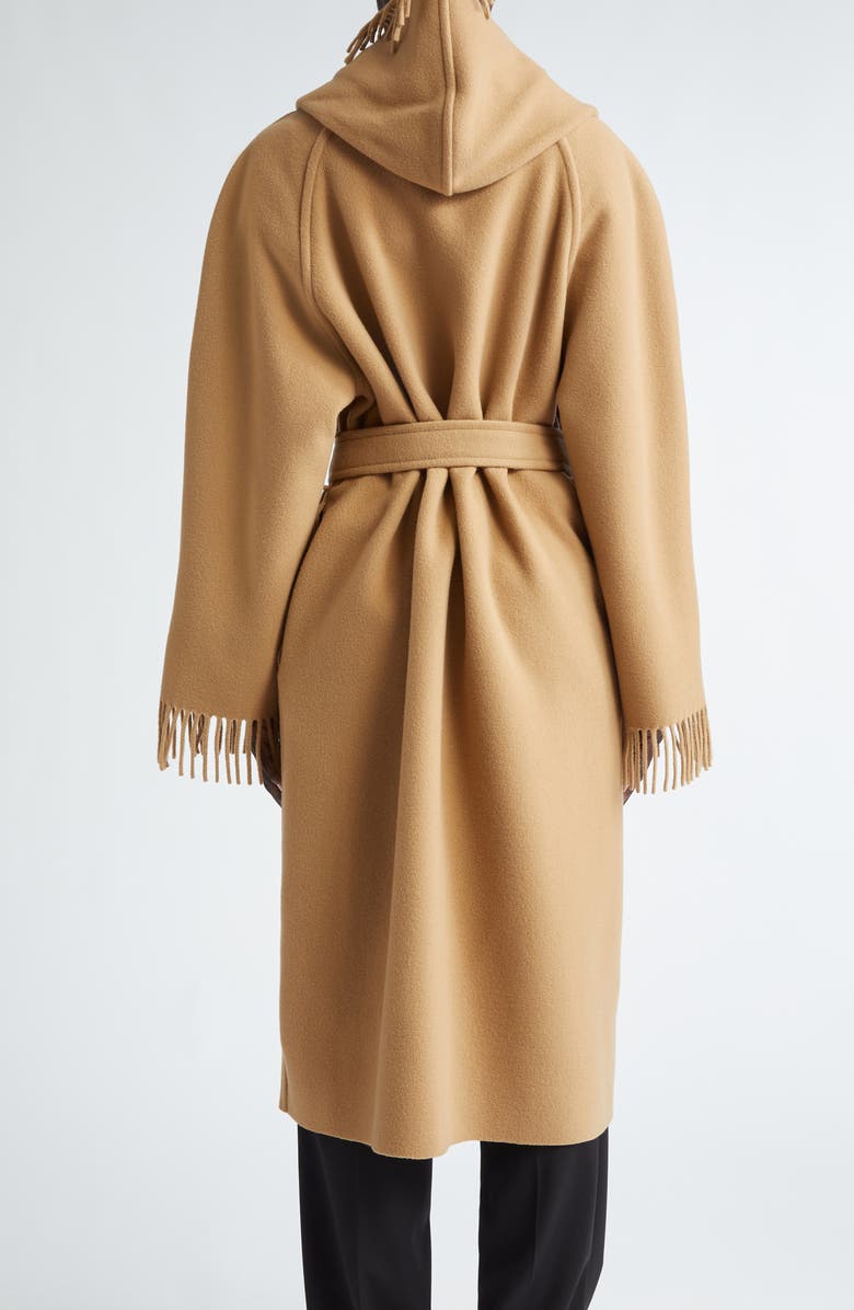 Fringe Wool Hooded Wrap Coat