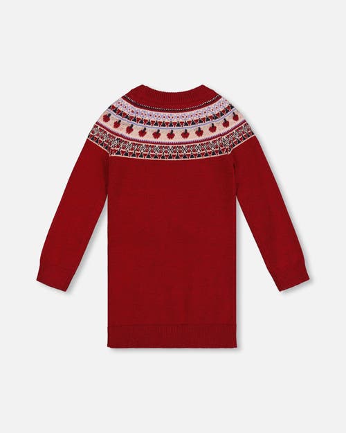 Deux Par Deux Knit Dress With Apple Jacquard Yoke In Red