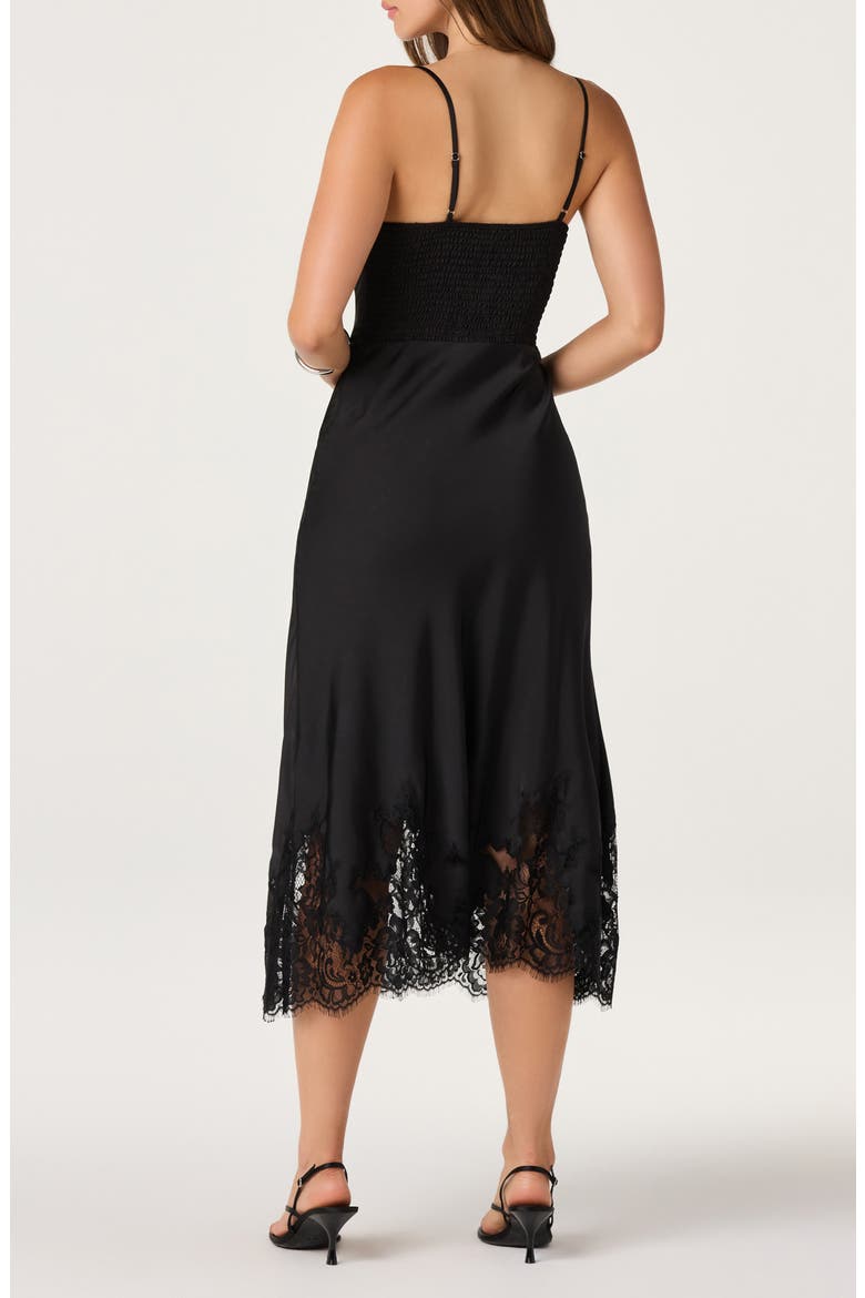 Abrianna Lace Trim Satin Midi Dress, Alternate, color, BLACK