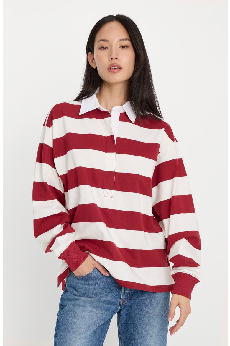 Oversize Rugby Polo Top, Alternate, color, MERLOT AND CHALK RUGBY STRIPE