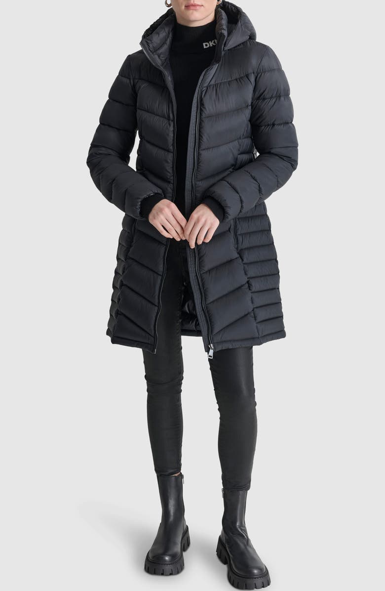 DKNY Cire Packable Hooded Longline Puffer Jacket, Alternate, color, Black