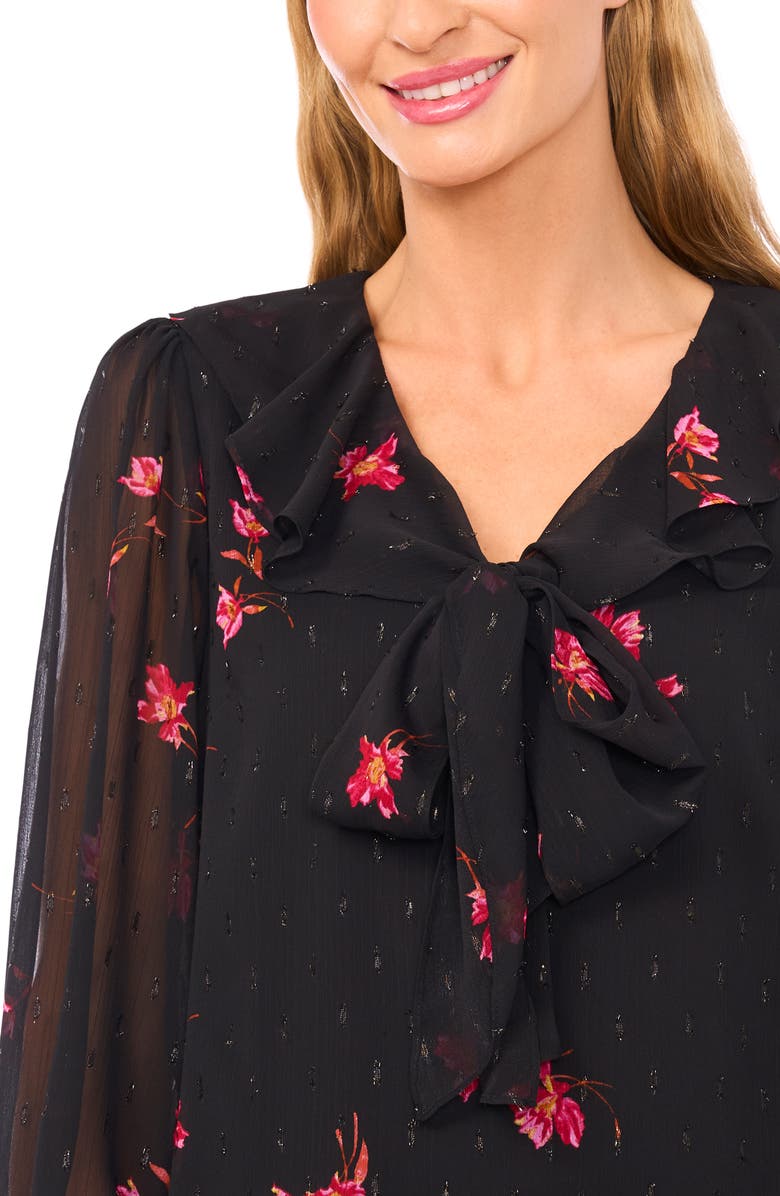 CeCe Flora Metallic Tie Neck Top, Alternate, color, Rich Black