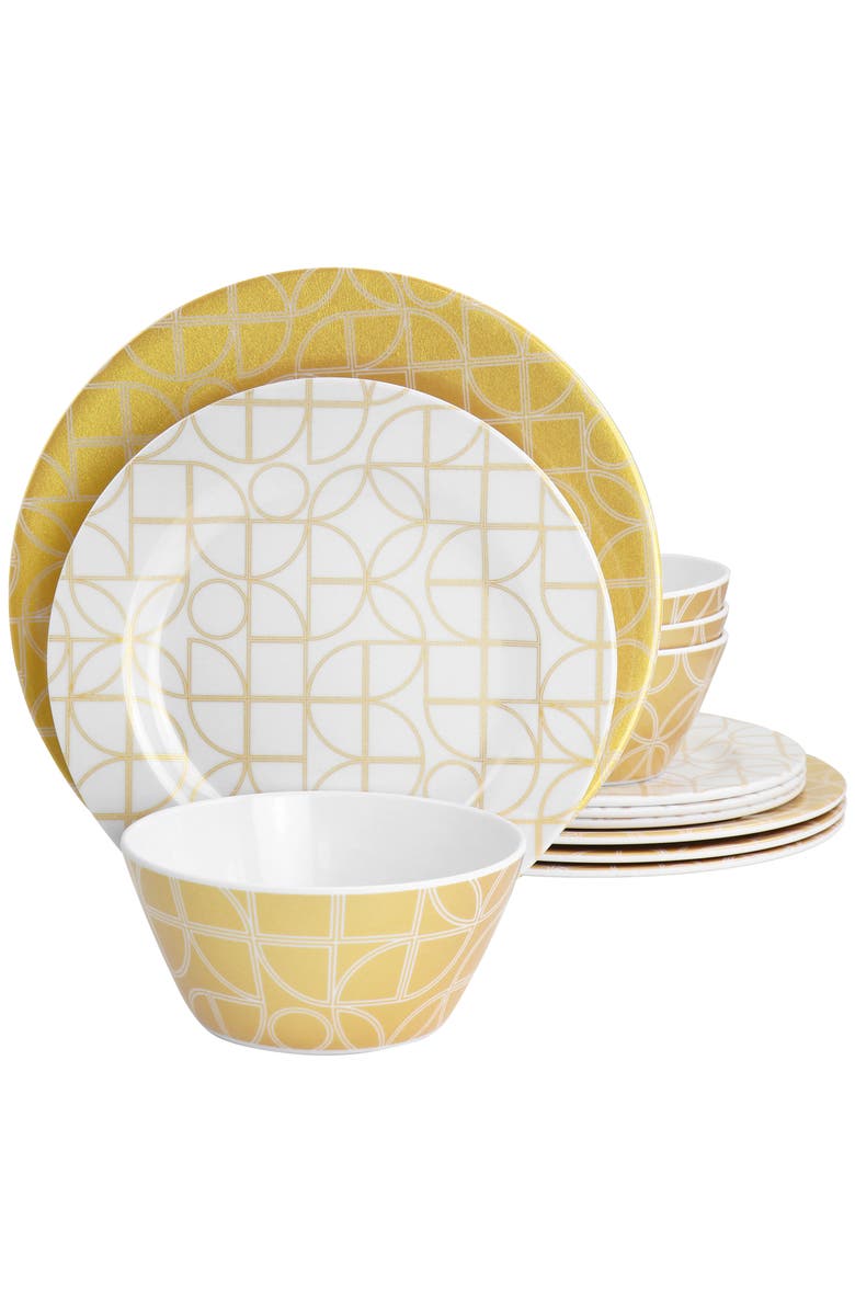 Laurie Gates California Designs Summer Bloom 12 piece Melamine Dinnerware Set, Main, color, Gold