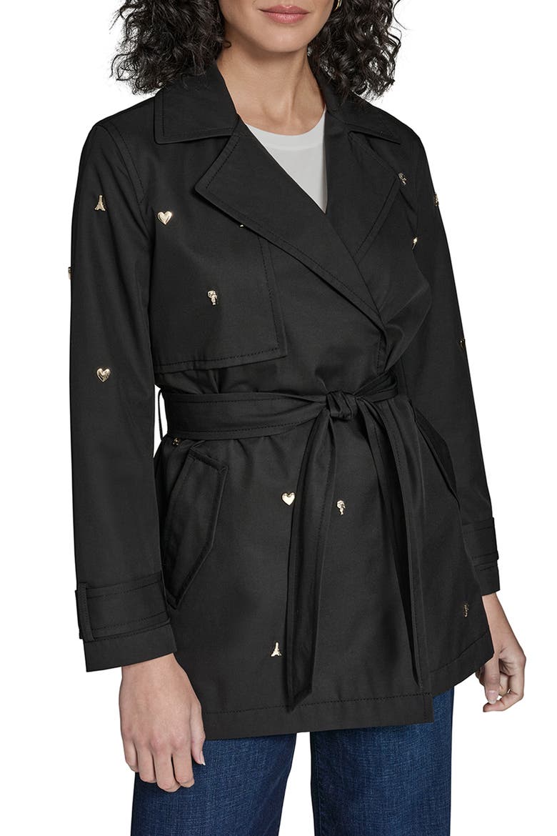 Embellished Trench Coat, Main, color, BLACK