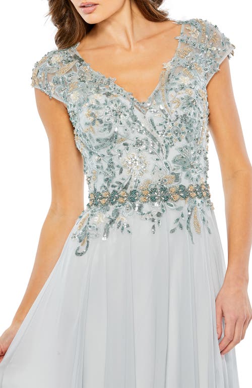 Mac Duggal Beaded Sequin Cap Sleeve A-line Gown In Seamist