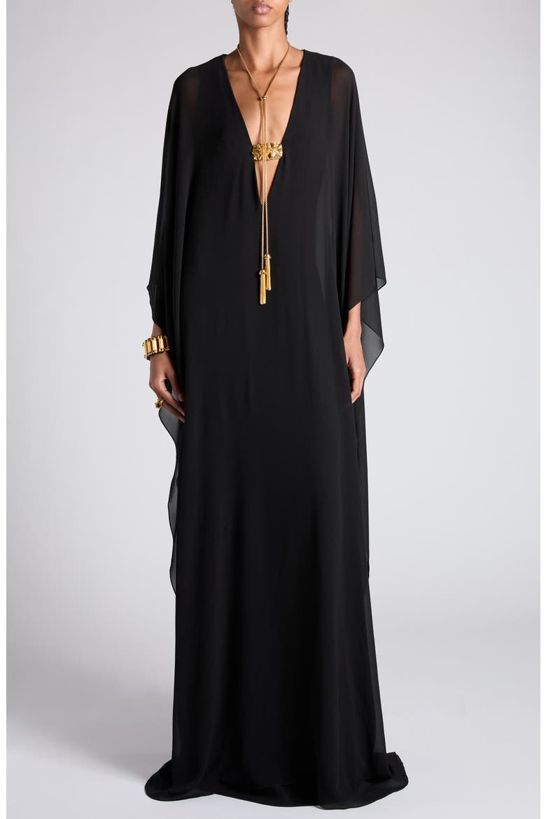 Plunge Neck Silk Georgette Gown, Main, color, BLACK