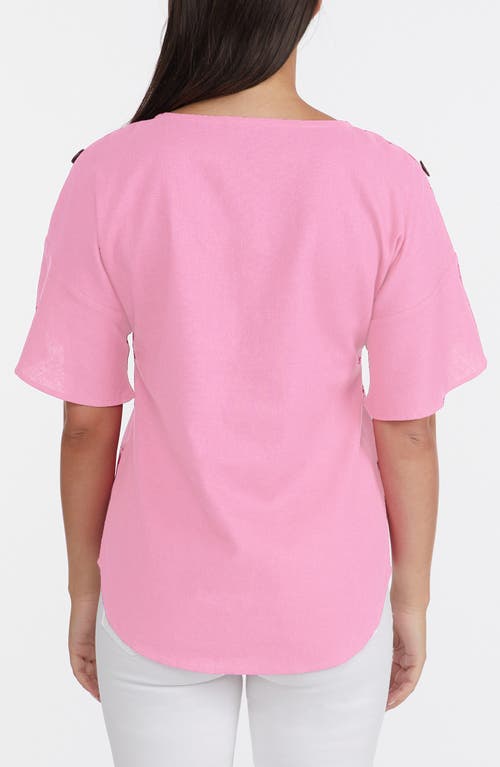 Ellen Tracy Round Neck Button Detail Linen Blend Top In Flamingo Pink