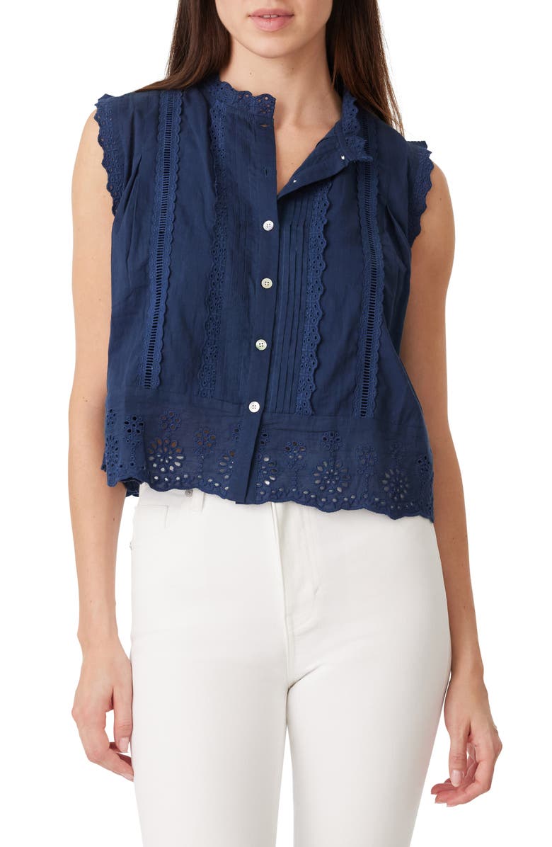 Habitual Embroidered Eyelet Cotton Button-Up Top, Main, color, Dress Blue