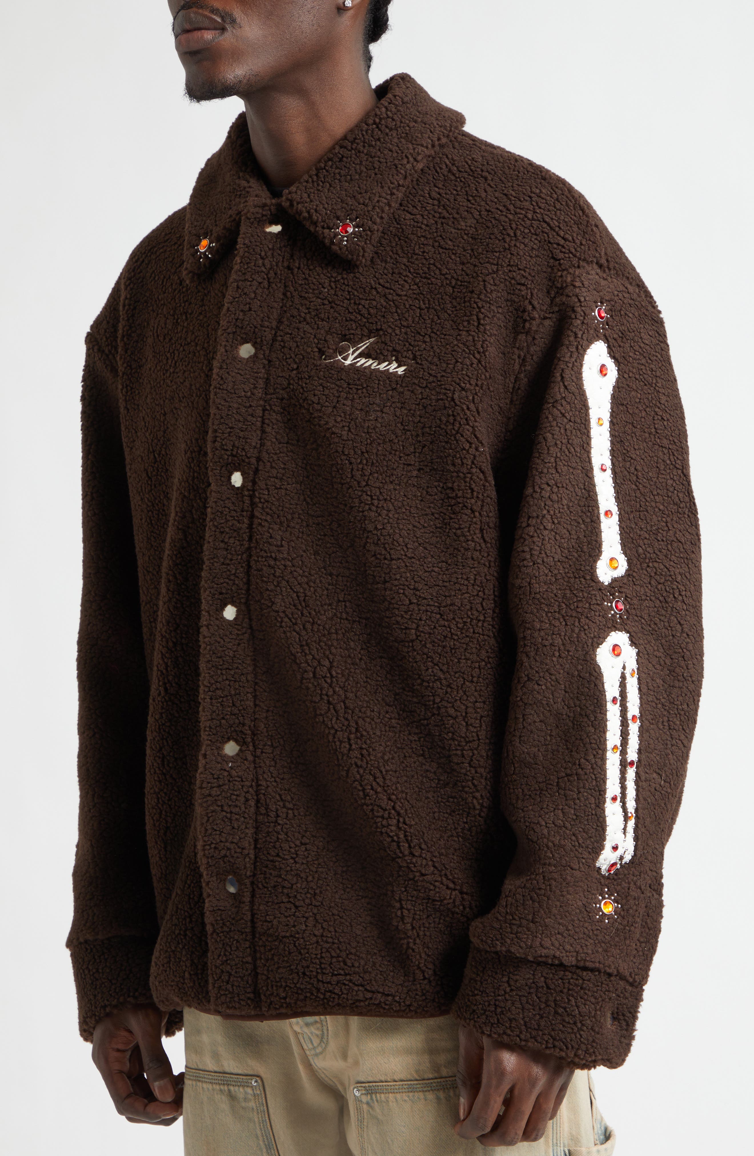 AMIRI Studded Bones Appliqué High Pile Fleece Overshirt (Men
