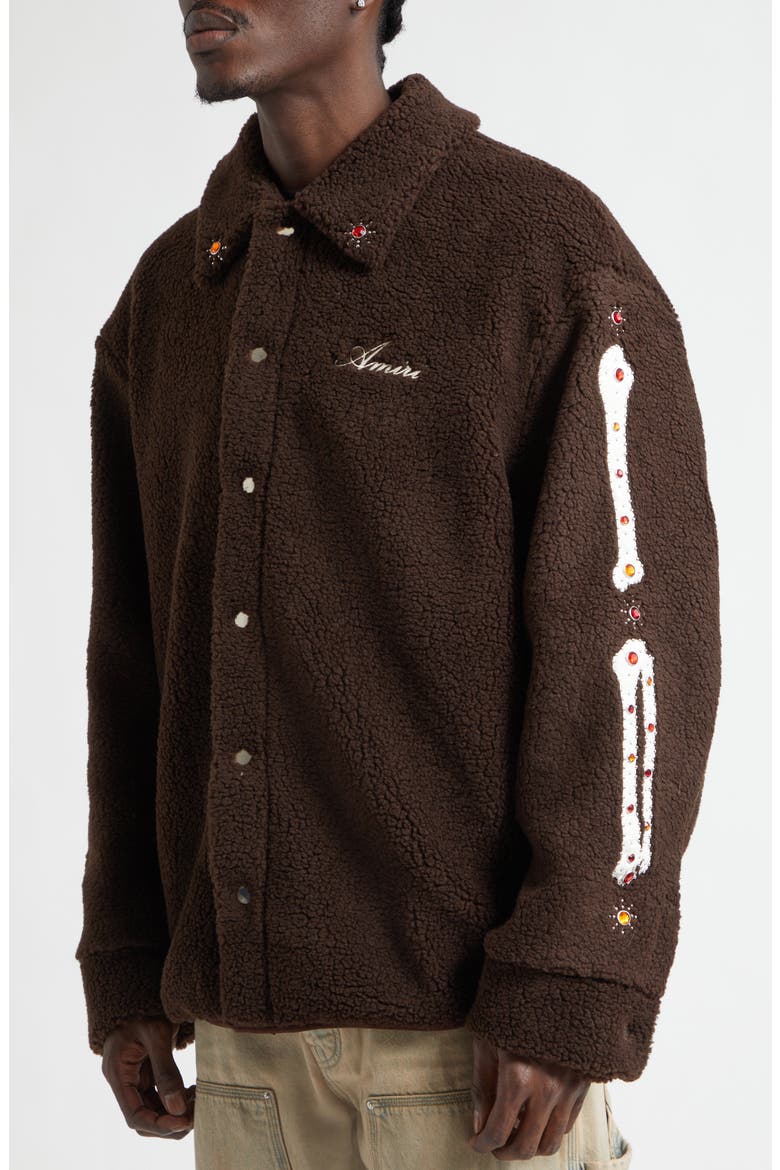 Studded Bones Appliqué High Pile Fleece Overshirt, Alternate, color, DARK BROWN