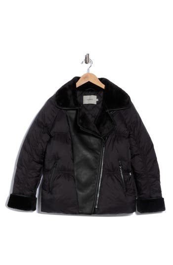 Hudson Jeans Faux Fur Collar Quilted Bomber Jacket In Black