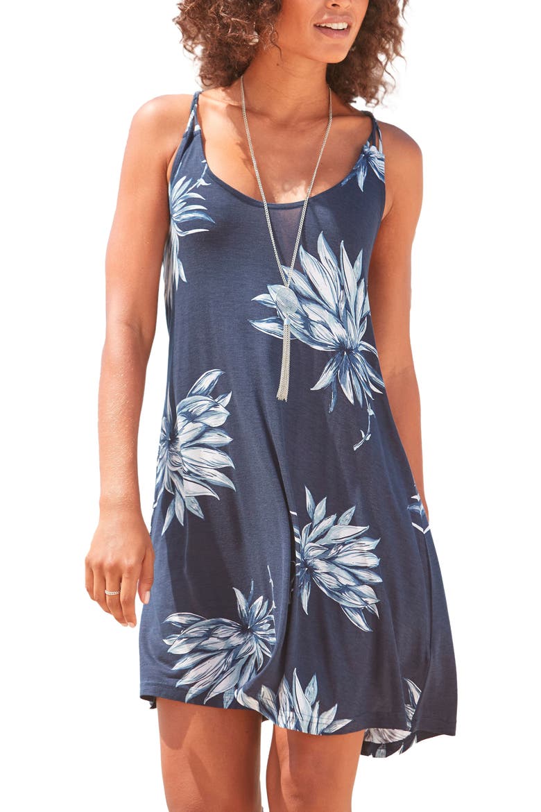 Beaded Strap Print Dress, Main, color, Dark Blue Multi