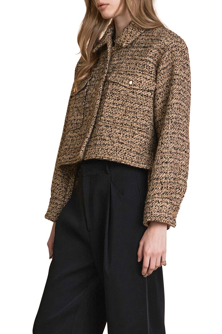 Side Tie Crop Tweed Jacket, Alternate, color, BROWN/ BLACK