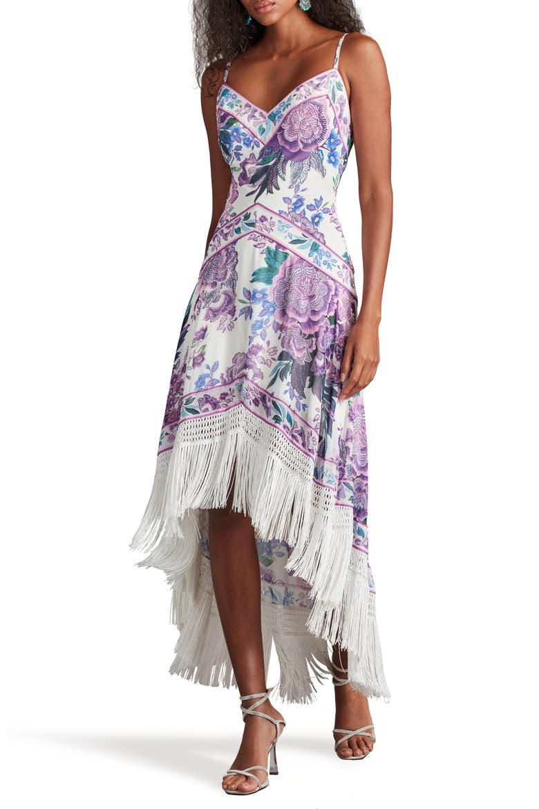 Scarf Print Fringe Detail High-Low Cocktail Dress, Main, color, WHITE/ PURPLE FLORAL