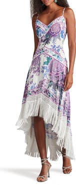 Tadashi Shoji Scarf Print Fringe Detail High-Low Cocktail Dress