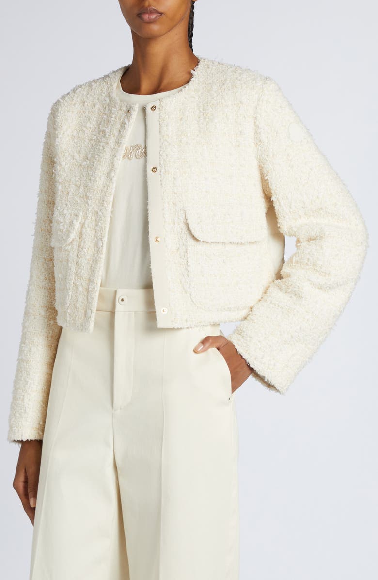 Moncler Dauphin Mixed Media Crop Jacket, Alternate, color, Panna