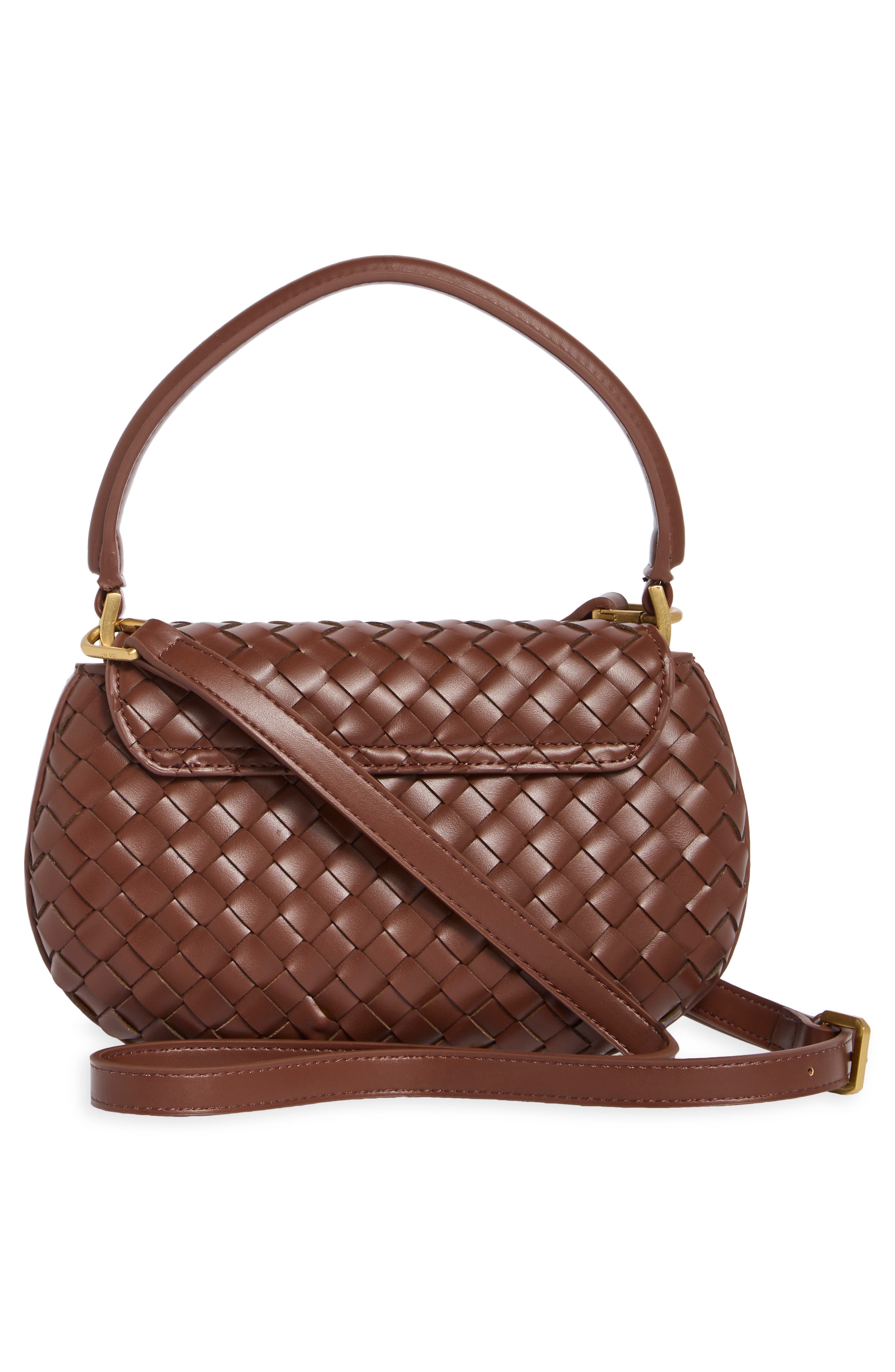 Zuri Hand Woven Round Top Faux Leather Handbag, Alternate, color, BROWN
