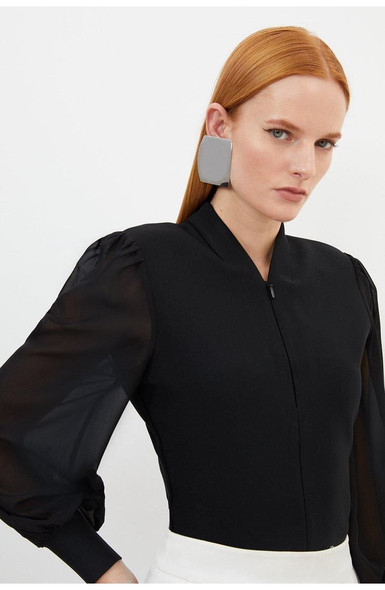 Karen Millen Zip Detail Chiffon Sleeve Knit Top, Alternate, color, Black