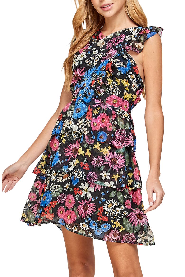 Floral Print Flutter Sleeve Mini Dress, Main, color, BLACK MULTI