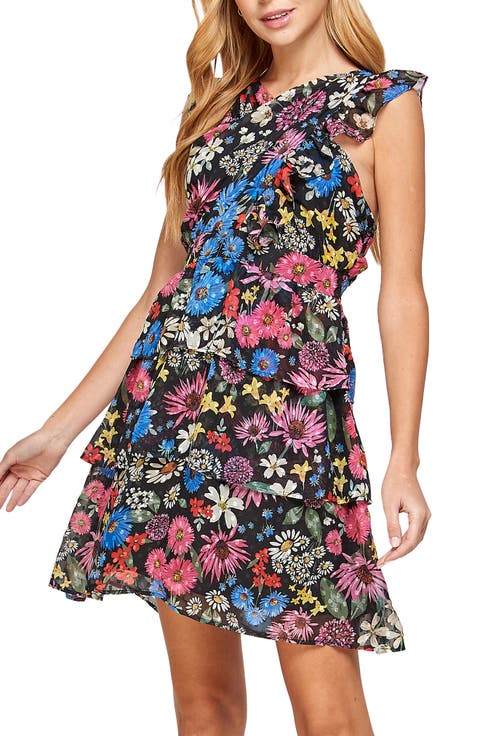Floral Print Flutter Sleeve Mini Dress
