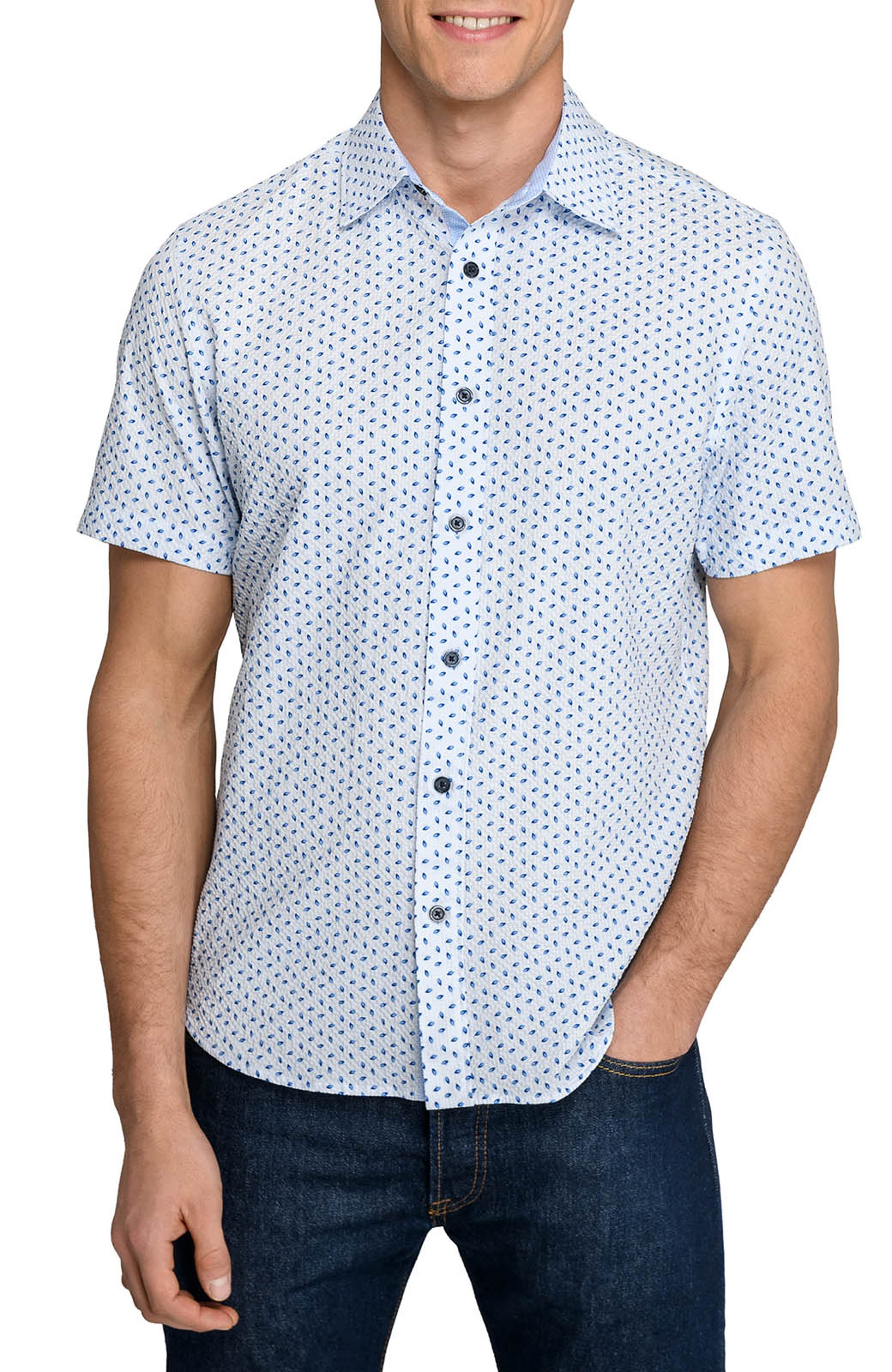 Construct Slim Fit Falling Feathers Seersucker Short Sleeve Shirt In Blue