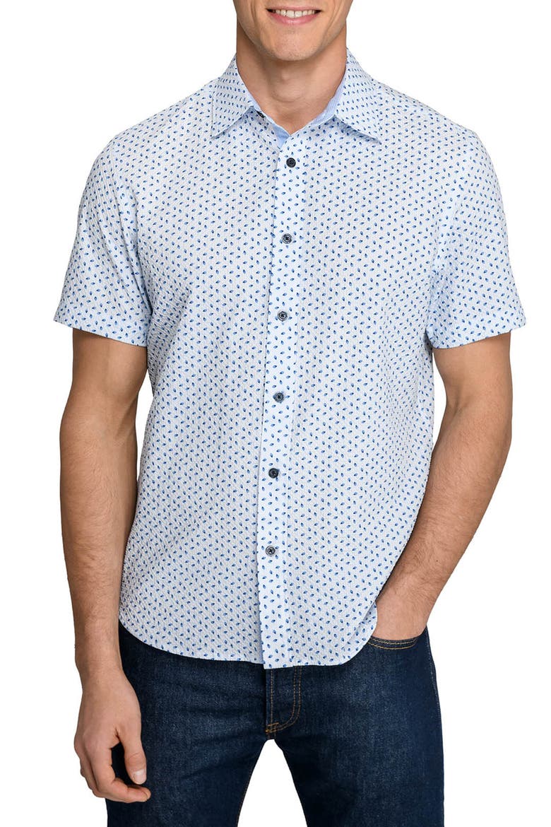 Slim Fit Falling Feathers Seersucker Short Sleeve Shirt, Main, color, WHITE/BLUE