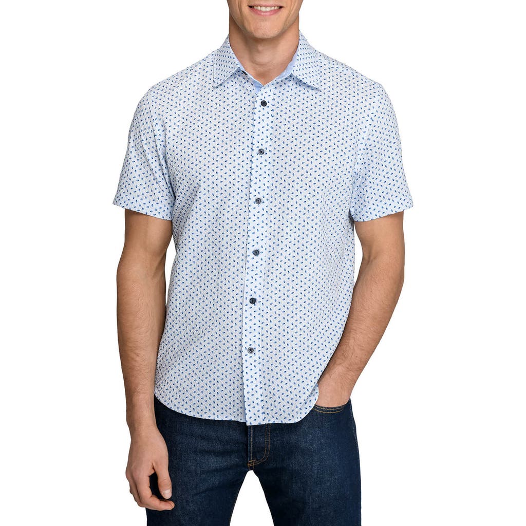 Construct Slim Fit Falling Feathers Seersucker Short Sleeve Shirt In Blue