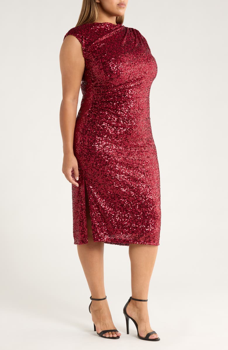 Anne Klein Sequin Drape Midi Dress, Alternate, color, Titian Red