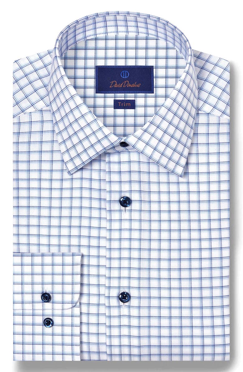 David Donahue Trim Fit Shadow Check Cotton Dobby Dress Shirt, Main, color, White/ Blue