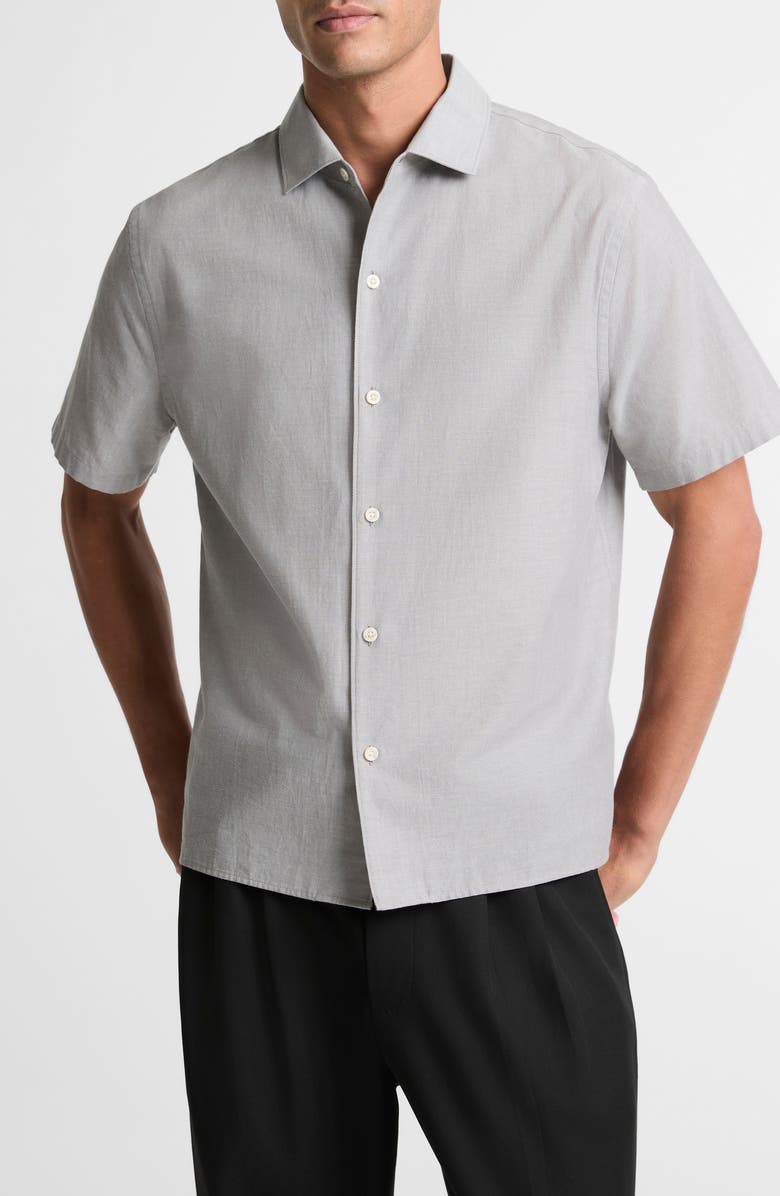 Vince Lightweight Short Sleeve Cotton Chambray Button-Up Shirt, Main, color, Jet
