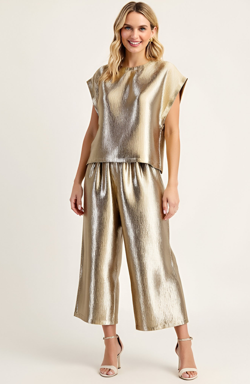 Modenaire Short Sleeve Textured Satin Blouse With Relaxed Fit And Keyhole Back In Gold