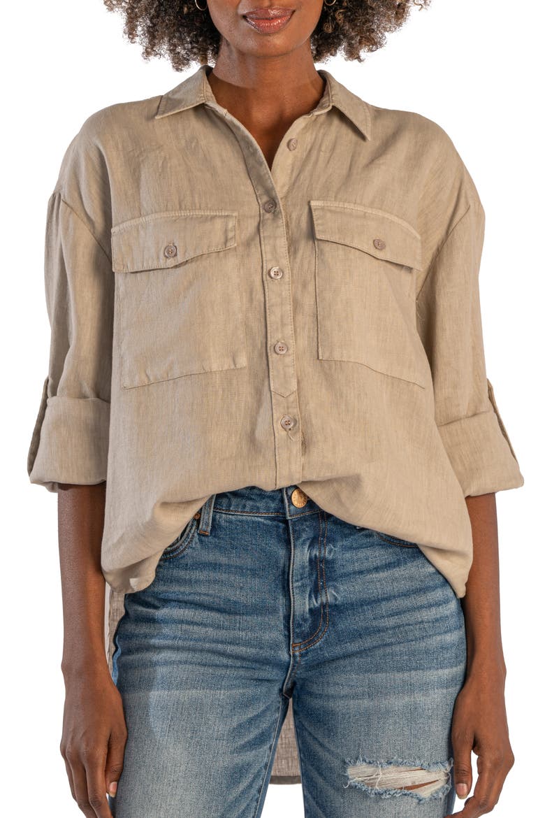 Milani Roll Sleeve Linen Button-Up Shirt, Main, color, STONE