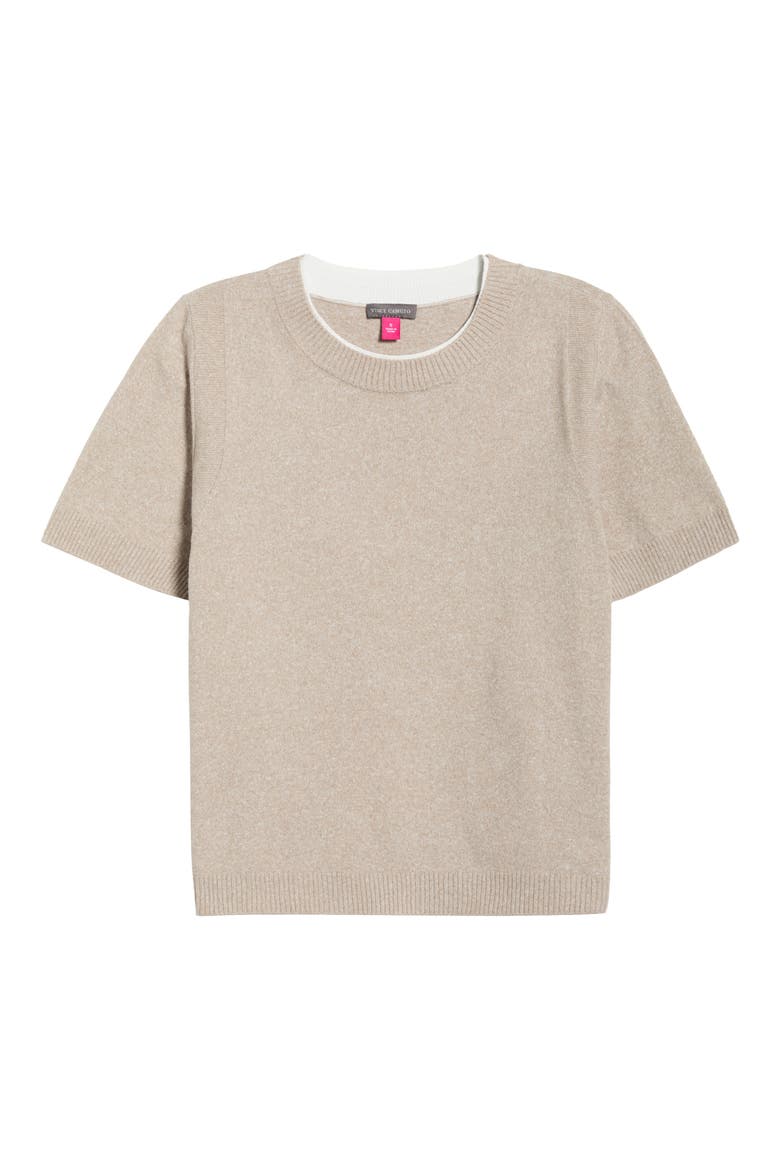 Contrast Detail Short Sleeve Sweater, Alternate, color, LIGHT HEATHER TAUPE