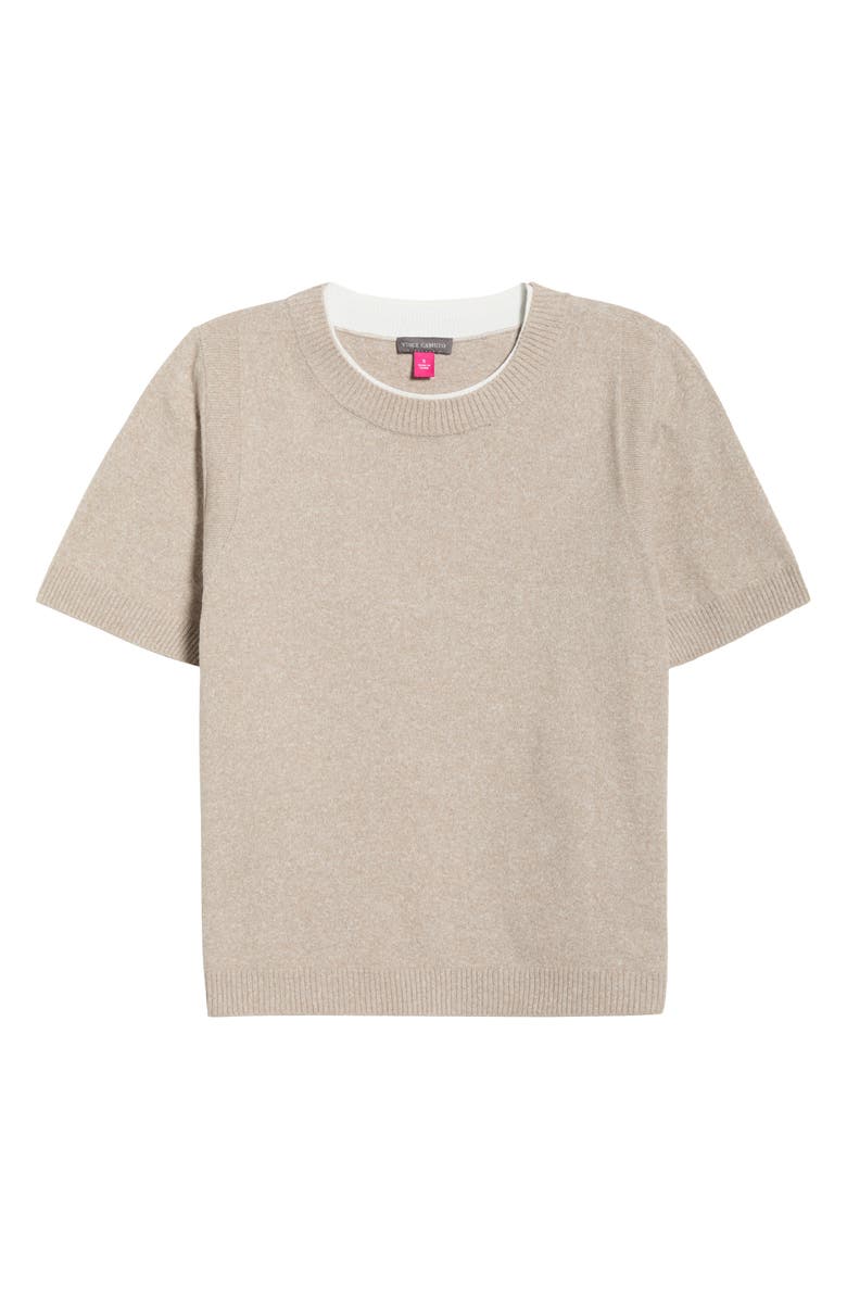 Vince Camuto Contrast Detail Short Sleeve Sweater, Alternate, color, Light Heather Taupe