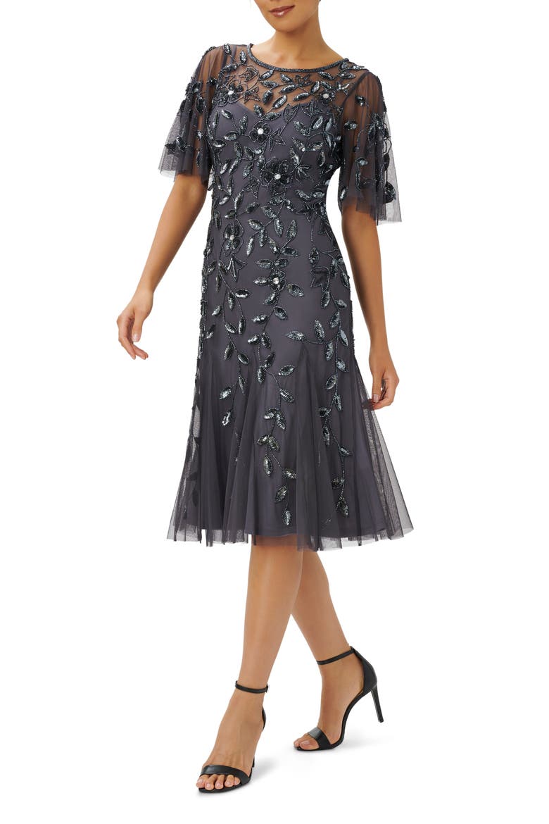 Beaded Mesh Cocktail Dress, Alternate, color, GUNMETAL