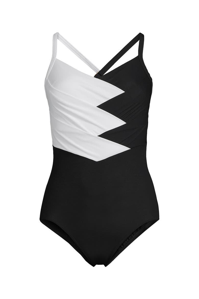 Slender Suit V-neck Pleated X-back One Piece Swimsuit Adjustable Straps, Alternate, color, Black/White
