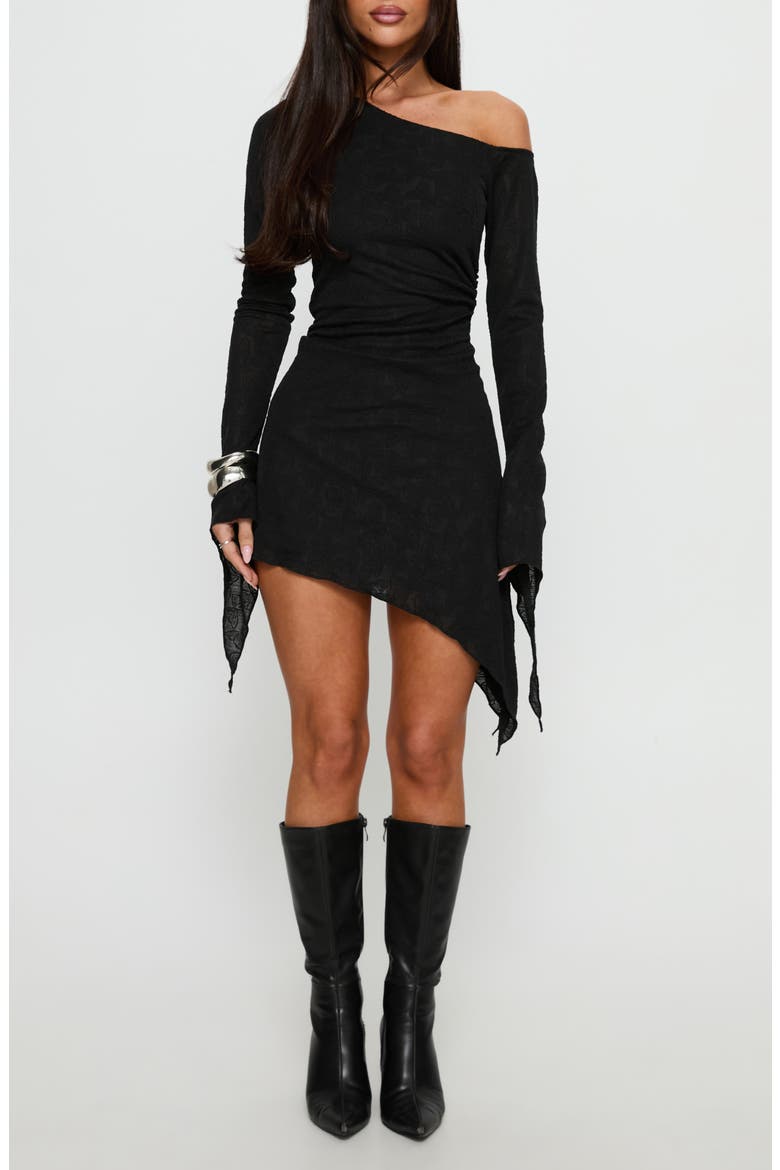 Face Card One-Shoulder Long Sleeve Asymmetric Minidress, Main, color, BLACK
