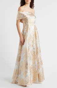 Eliza J One-Shoulder Metallic Jacquard Gown